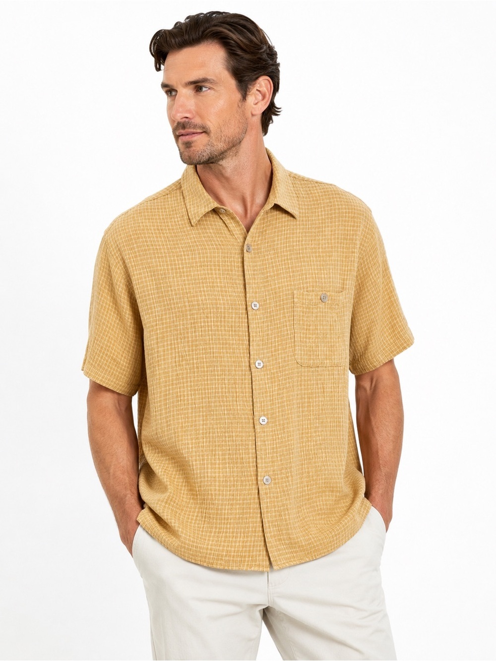 Giglio Men’s XL Textured Button Front Shirt Beige/Yellow Rayon Nylon Acetate